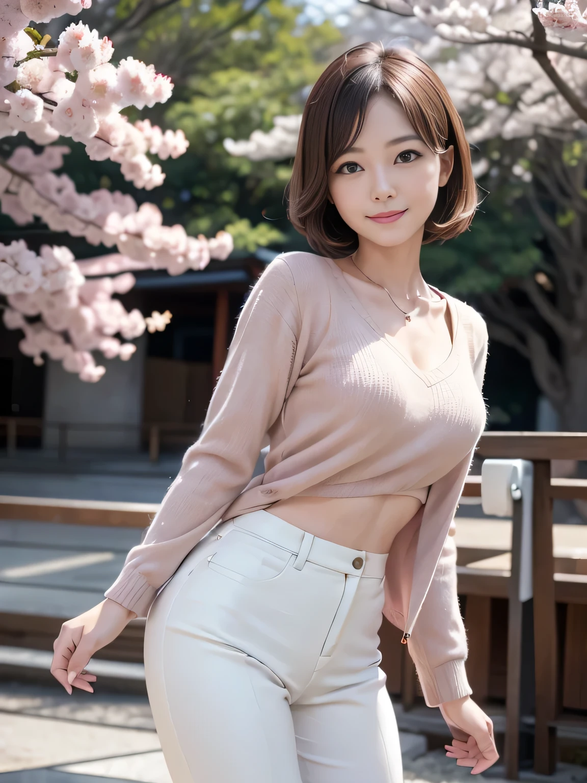 Retro Photography, 1960s , AGFA, Kodak, One girl, Lookwg_w_Audience, smile, Japan, Tokyo, Cherry Blossom, Octane Renderwg, 一人w, Very skwny,V-neck suit