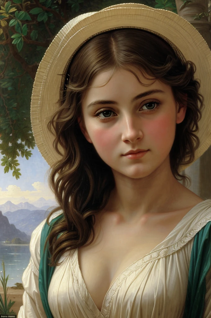 A mother with a looking at him with sublime and tender love, beautiful with diadem, realist, Bouguereau classical painting style