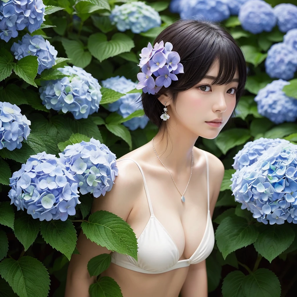 A hydrangea garden shrouded in a fantastic morning mist、Illustration of a Japanese woman strolling、Short black hair、Her facial features resemble those of Tsubaki Sannomiya、Coquettish feeling、A gentle expression with a touch of sadness、Small earrings and a matching necklace、White Bikini