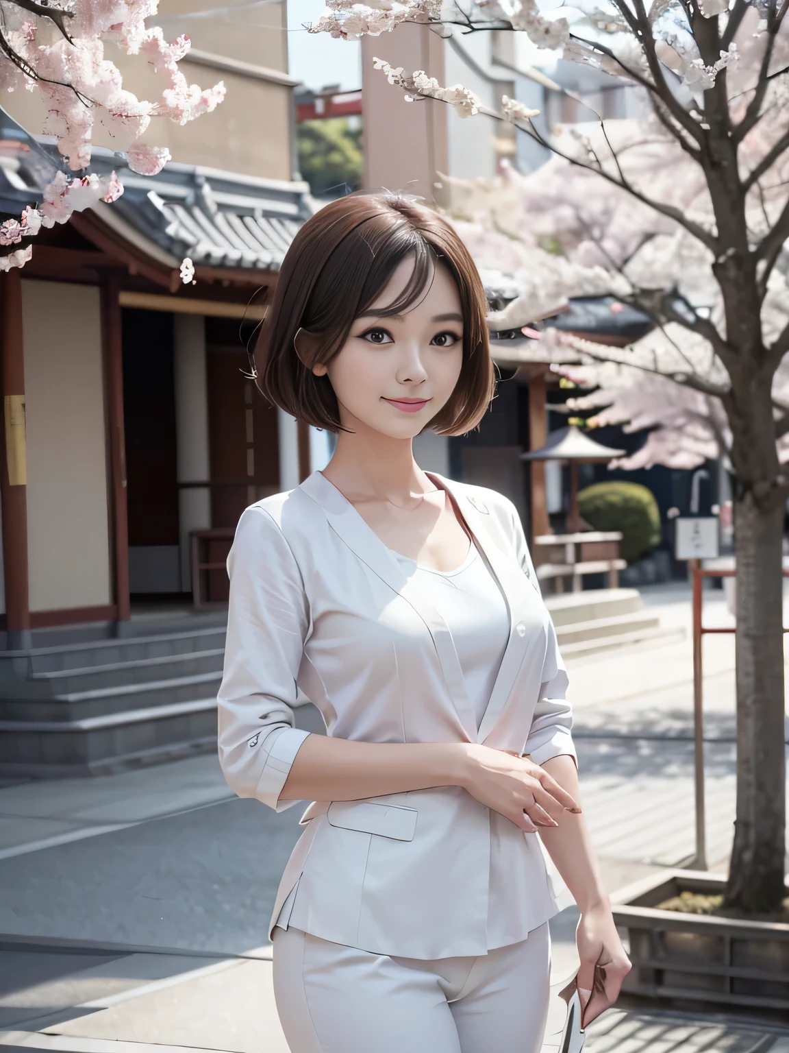 Retro Photography, 1960s , AGFA, Kodak, One girl, Lookwg_w_Audience, smile, Japan, Tokyo, Cherry Blossom, Octane Renderwg, 一人w, Very skwny,V-neck suit