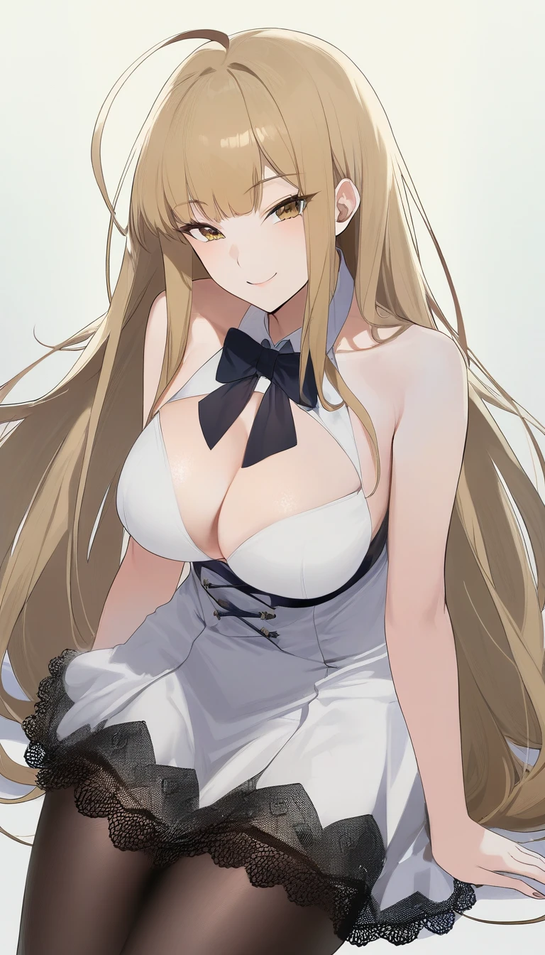 (1girl,20 years old,mature female),blonde hair,long hair,white dress, sleeveless,black bow tie, bare shoulders,smile,cleavage,pantyhose,evil smile,((white background)), aesthetic, detailed, beautiful color amazing quality, best quality, high quality