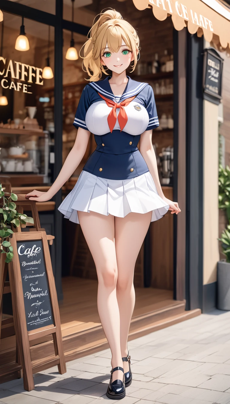 Highest quality、Best image quality、masterpiece、One Girl、26 years old、Best Bust、Big Breasts、Beautiful Eyes、Blonde, Green Eyes、ponytail、Tight waist、Short-sleeved sailor suit、Pleated skirt、full body shot, front、smile、Simple Background、In front of the cafe、Cute pose