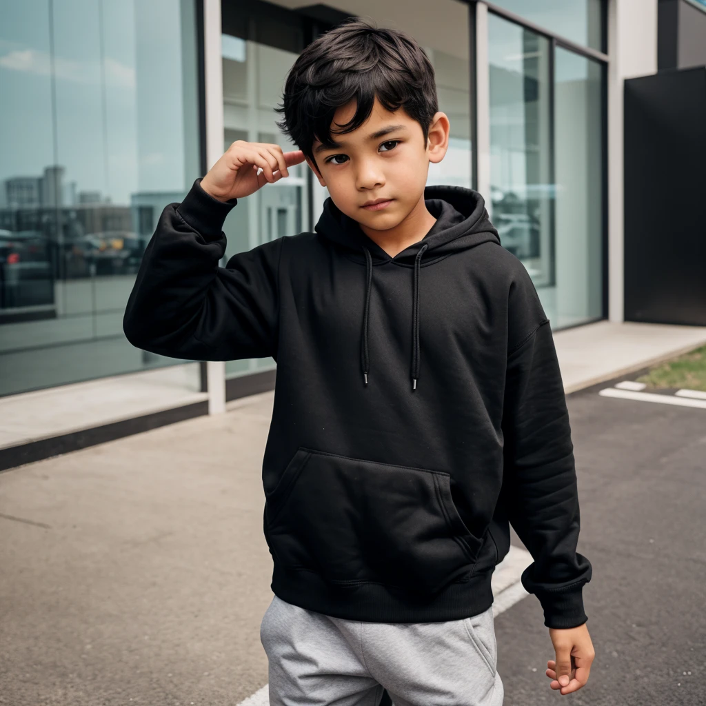 A boy wearing balck hoodie