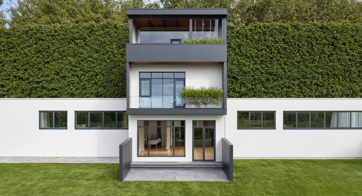 Photo brute,head of'artwork, High quality, best quality, authentique, great detail,
En plein air, modern house style,bietthuhn, white wall, glass windows, Door'entrance,pavement, grass, trees, sky, nuvens, (jour:1.1),