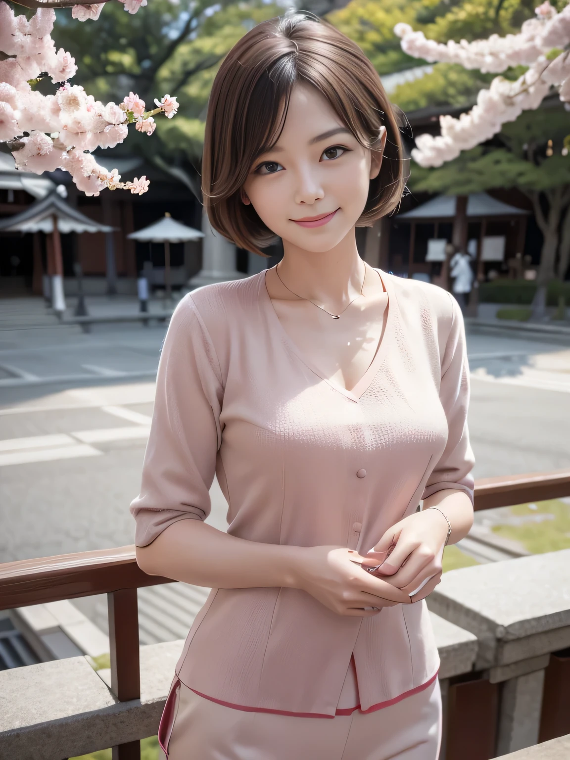 Retro Photography, 1960s , AGFA, Kodak, One girl, Lookwg_w_Audience, smile, Japan, Tokyo, Cherry Blossom, Octane Renderwg, 一人w, Very skwny,V-neck suit