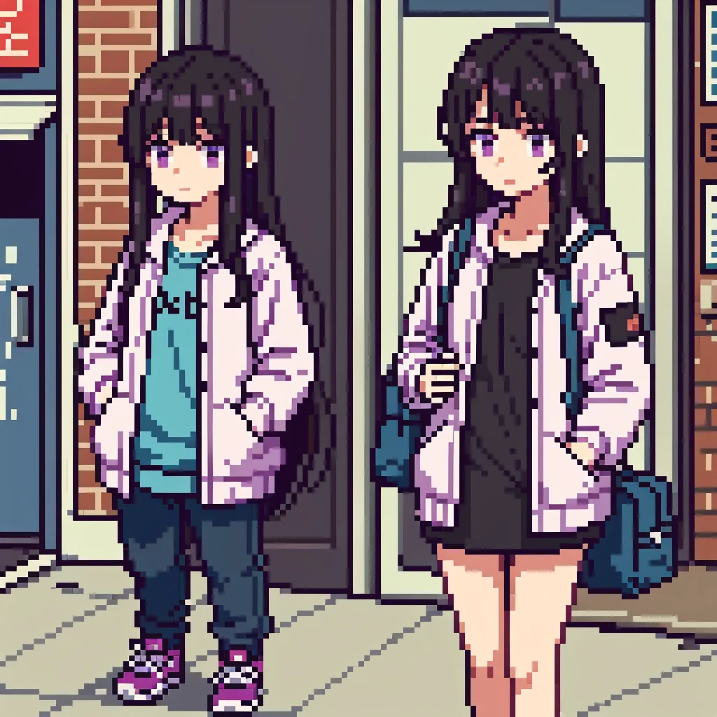 One girl, 20 years old, downtrodden girl, tired girl, confused girl, uncertain posture, long hair, black hair, brown hair. eyes with a transition from blue to purple, dark hair, anime style, 4k image, full figure, modern appearance. all the details are worked out, modern clothes, full-fledged clothes, baggy clothes, cheap clothes, detailed face, lots of details, very detailed, deep, elaborate facial expression, comes from the store, comes with bags, Palletized grocery bags, the girl goes,