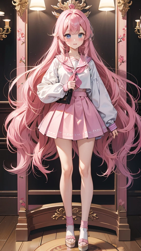 Highest quality、8K、masterpiece、high school girl、kawaii、Long Hair、Pink Hair、eight-headed body、Mature atmosphere、Model Body Type、Standing posture、Private Server、mini skirt、Full body portrait、blush