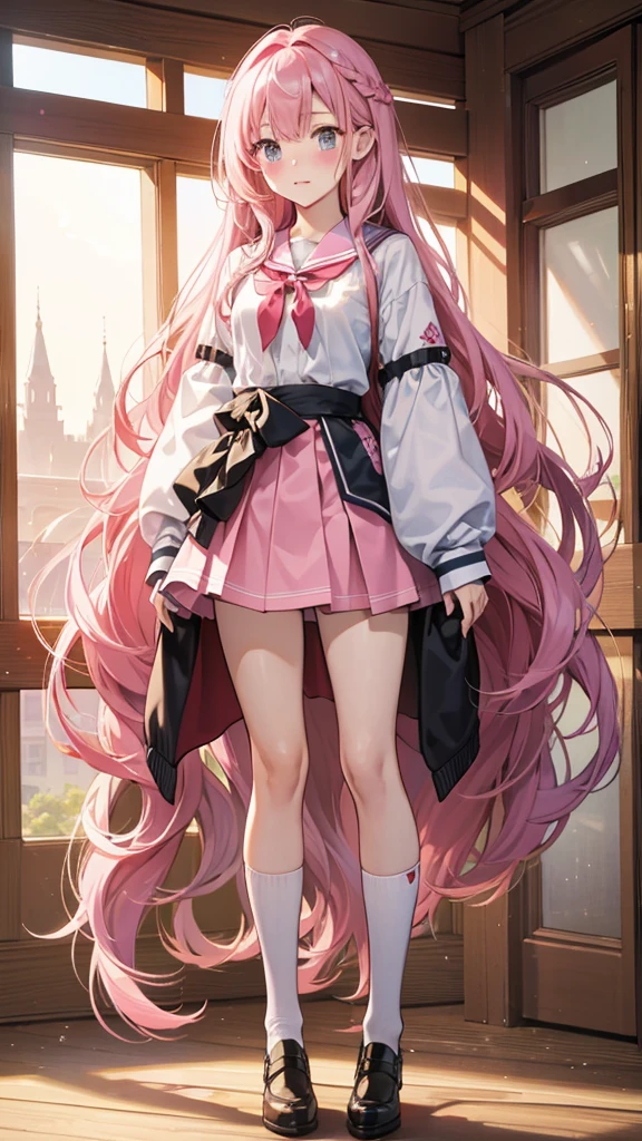 Highest quality、8K、masterpiece、high school girl、kawaii、Long Hair、Pink Hair、eight-headed body、Mature atmosphere、Model Body Type、Standing posture、Private Server、mini skirt、Full body portrait、blush