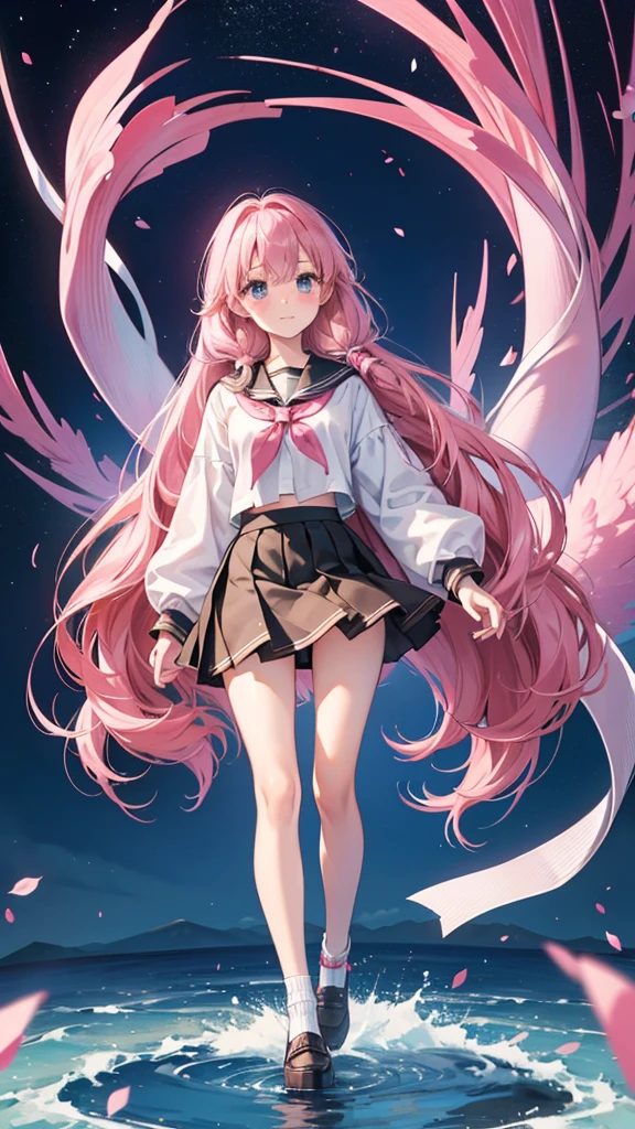 zero two \(darling in franxx\), darling in franxx, 1girl, bangs, bite, blush, navel covered, shadow, green eyes, hair behind head, horns, smile, long hair, looking at the viewer, makeup, small breasts, pilot suit, white suit, pink hair, red eyeshadow, science fiction, tight skin, solo