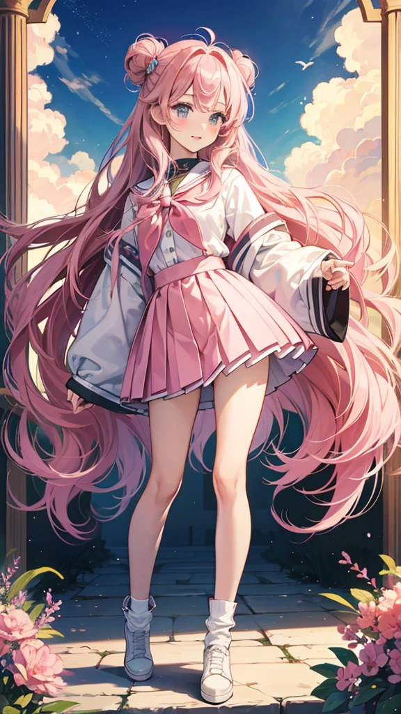 Highest quality、8K、masterpiece、high school girl、kawaii、Long Hair、Pink Hair、eight-headed body、Mature atmosphere、Model Body Type、Standing posture、Private Server、mini skirt、Full body portrait、blush