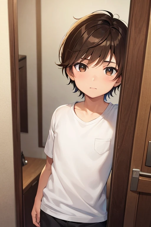 A young boy in age of 12, brown hair and brown eyes.