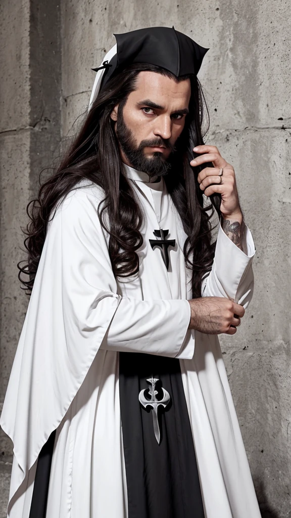 Priest catholique dark face scretch satanique, transparent eyes rolled back, semi-long hair, beard, dress that covers hair, eat a bloody heart , looking to the left side, corne de bouc longue et enroulée, sketch ???? et blanc