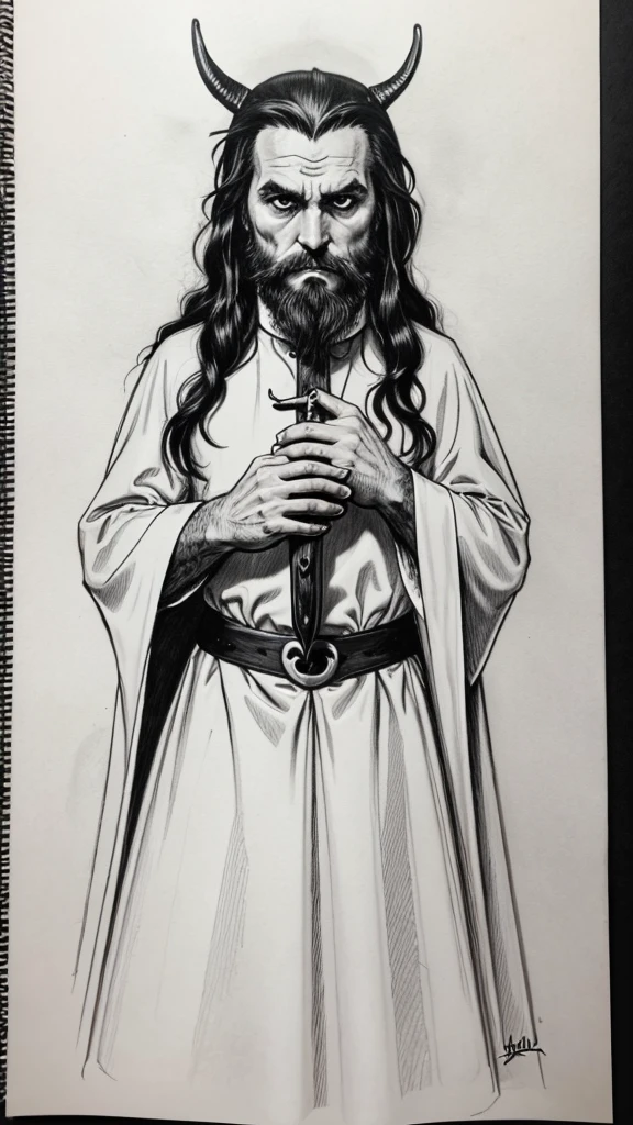 Priest catholique dark face scretch satanique, transparent eyes rolled back, semi-long hair, beard, dress that covers hair, eat a bloody heart , looking to the left side, corne de bouc longue et enroulée, sketch noir et blanc