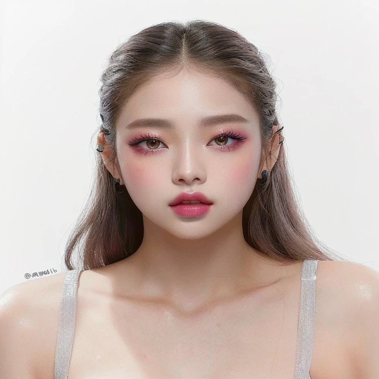 Arafed woman with a pink lip and a gray bra, Popular Korean makeup, South Korean popular makeup, jennie pink black, inspired by Yanjun Cheng, sexy face with full makeup, roseanne park by blackpink, Yanjun Chengt, lalisa manobal, Portrait of Blackpink's Jossi, korean girl, Southeast Asian with round face, beautiful south korean woman
