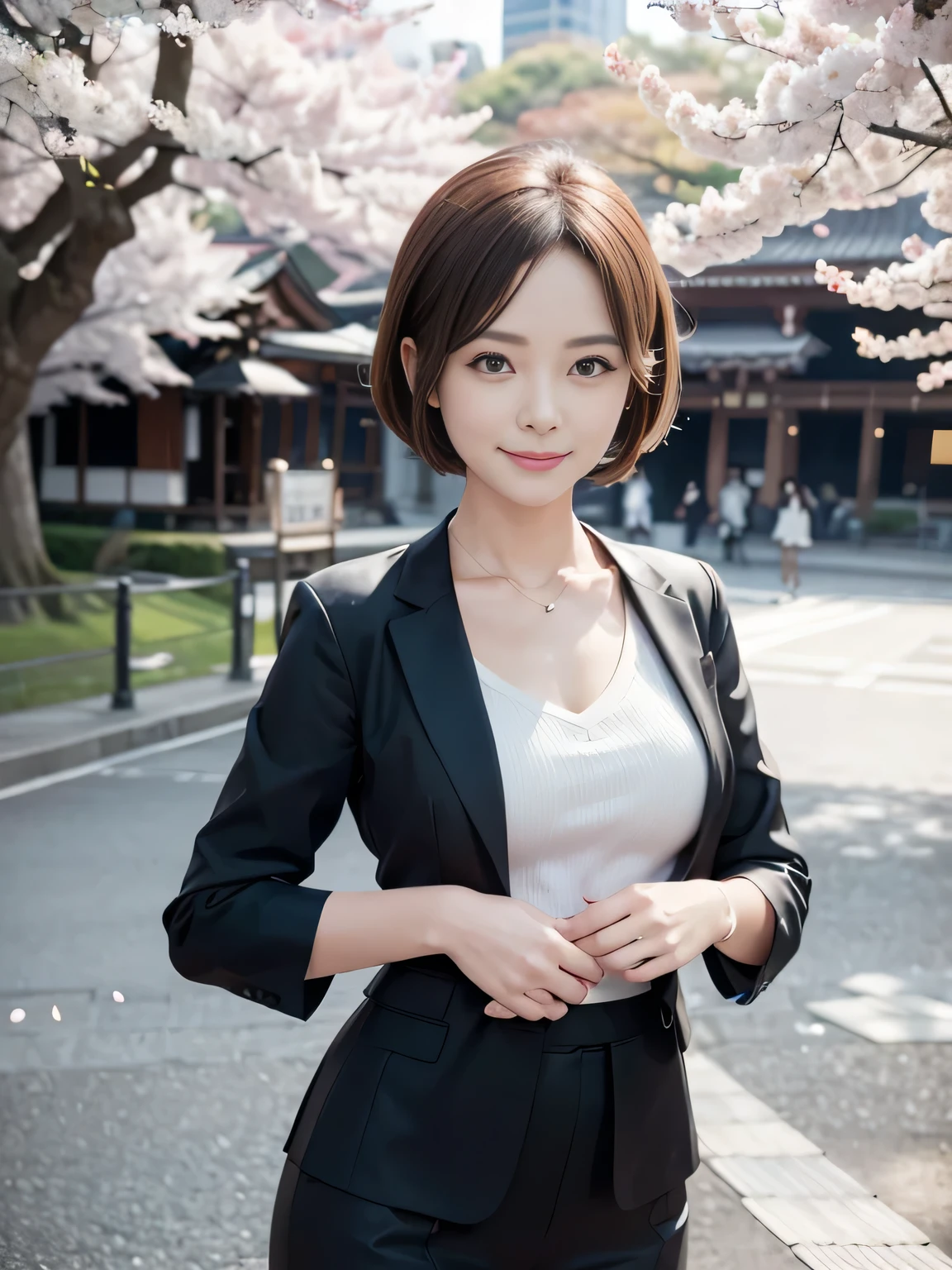 50-year-old women,Retro Photography, 1960s , AGFA, Kodak, One girl, Lookwg_w_Audience, smile, Japan, Tokyo, Cherry Blossom, Octane Renderwg, 一人w, Very skwny,V-neck suit