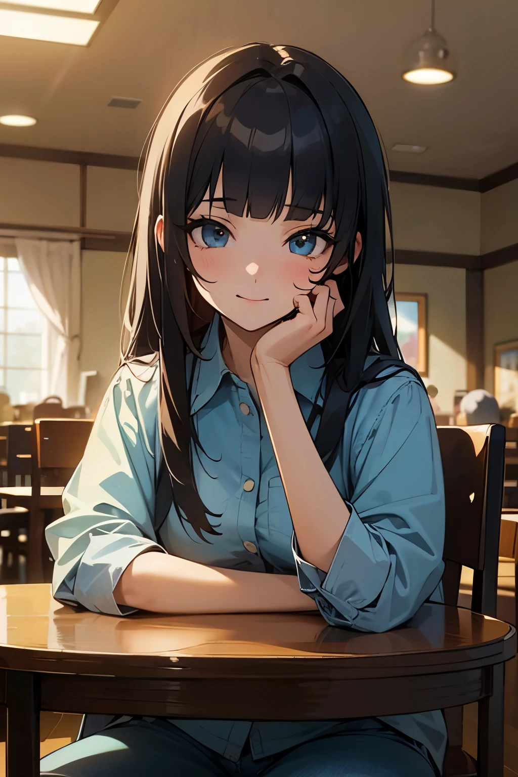 (masterpiece, best quality:1.5), brightening light, beautiful eyes, ultra-detailed face, ((perfect anatomy)), ((detailed hair)), (professional look), romantic and nostalgic themes,
BREAK 1 girl, long hair, black hair, straight hair, blunt bangs, happy, sitting on the chair,
BREAK (denim shirt:1.2),
BREAK indoors restaurant, other customers are in the background