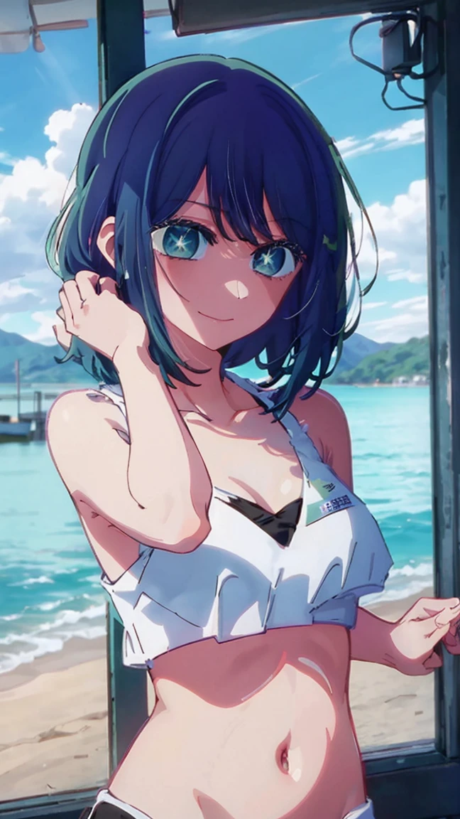  best quality, masterpiece, highres, solo, {kurokawa_akane_oshinoko:1.15}, bangs, short_hair, blue_hair, green_eyes, closed_mouth, black_hair, medium_hair, 1girl,conceptual art, iwakura lain,   (anime girl)、(((beach)))、(((bikini))),medium breast,smile