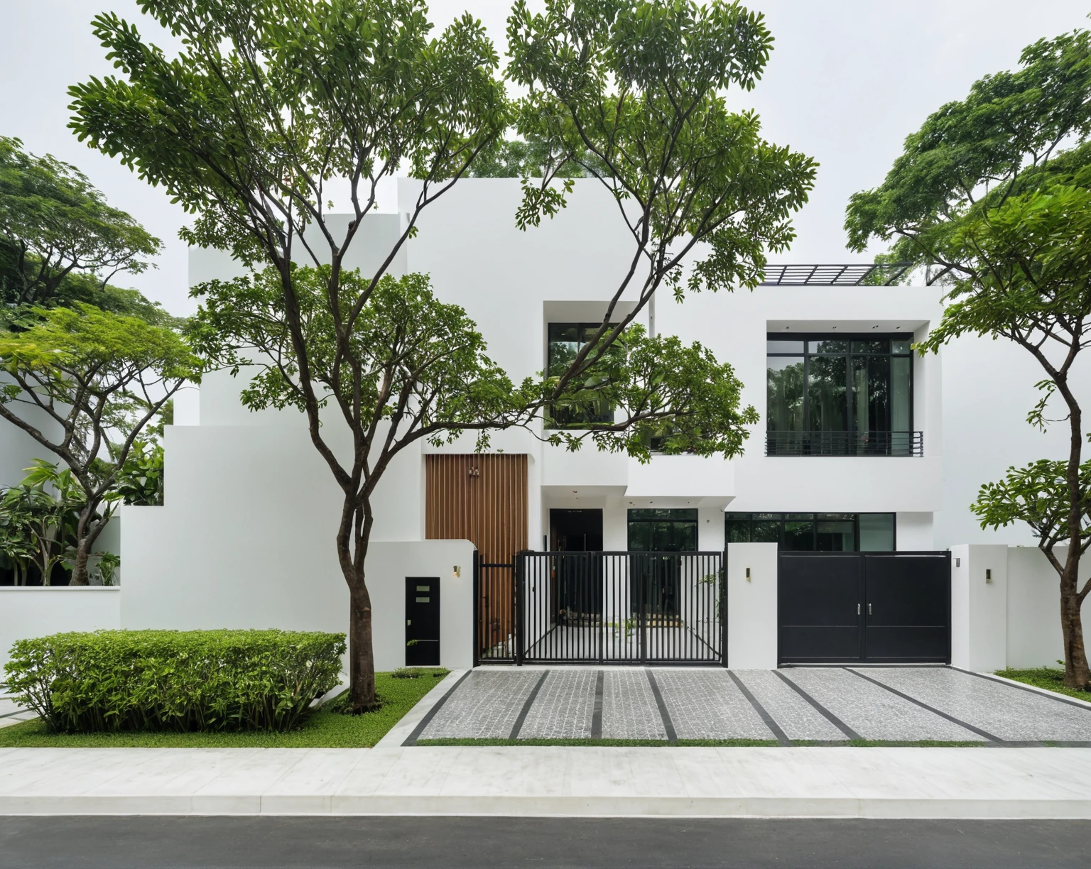 RAW photo, a photo of a modern villa, sidewalk, sidewalk trees, steel gate, road, viet nam modern residence, a car parked in front of it, rough white wall, new residential area, wide angle exterior 2022, contemporary house, exterior photography, masterpiece, contemporary architecture, overcast, indirect lighting