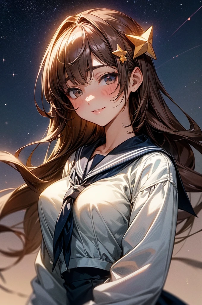 masterpiece, best quality,1girl, solo, brown hair, long hair, ponytail, school uniform, open mouth, yellow eyes, skirt, star (symbol), sleeves past wrists, sleeves past fingers, looking at viewer, :o, blush, starry background, pleated skirt, serafuku, white background, hair bow