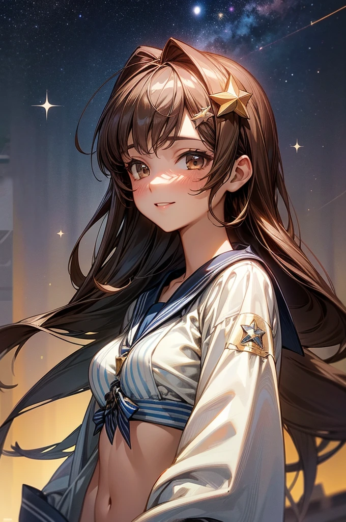 masterpiece, best quality,extremely delicate and beautiful, best quality, masterpiece, extremely detailed CG, {{high quality}},perfect face, {{{space}}}, starry sky,{star},1girl,ray tracing,extremly detailed CG unity 8k wallpaper,dynamic angle,brown hair, long,hair,{{serafuku}},clothes lift,{{high school girl}},{{{striped bra}}},{{{cleavage}}},medium breast,light_blush, smiling, star hair ornament,upper body,