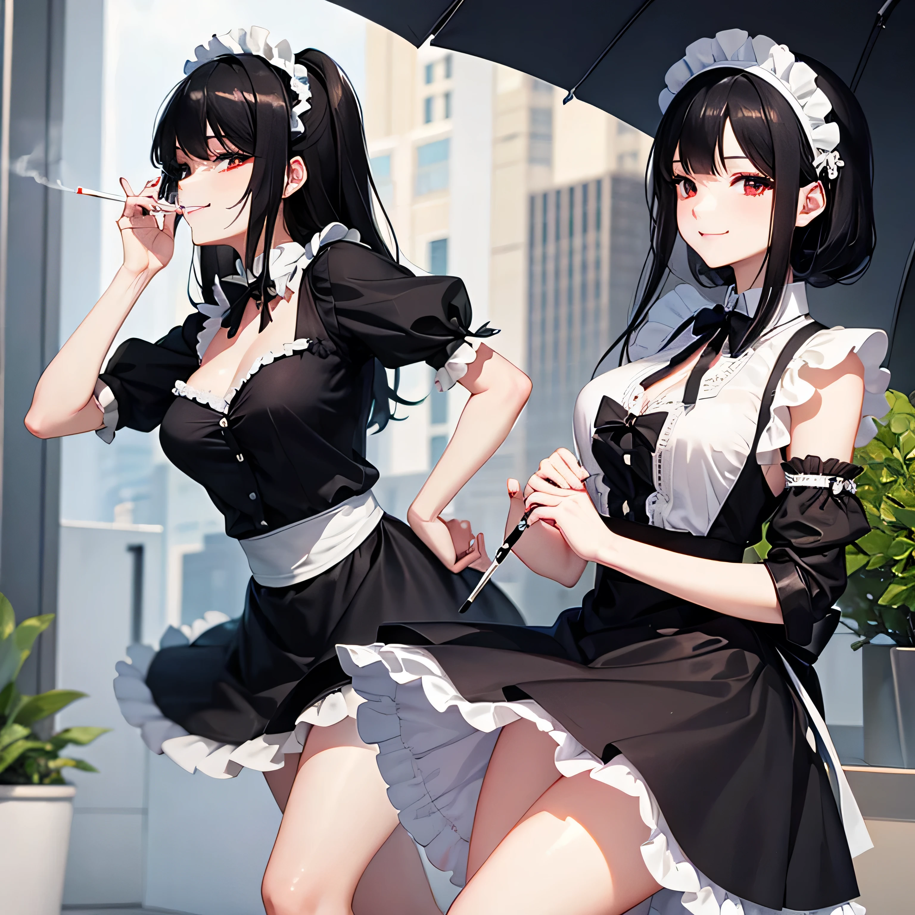 A black-haired maid is smoking a cigarette and smiling fearlessly.。