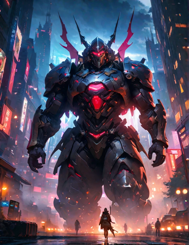 quality(8k wallpaper of extremely detailed CG unit, masterpiece, hight resolution, top-quality, top-quality ,hyper realisitic, digitial painting,increase the resolution,RAW photos,best qualtiy,highly detailed,the wallpaper),BREAK,8K, Gigantic skeleton walking, night city, cityscape, messy armor