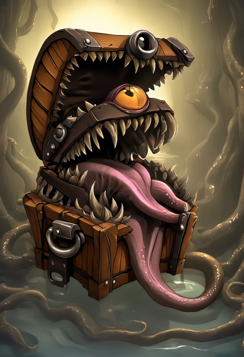 A detailed steampunk-inspired illustration of a creature imitating a ((open iron chest well-formed maw, sharp teeth, long tongue made of wood and leather, in a dark, dank cave, with dripping water and tentacles:1.5)), (best quality, 4k, 8K, high resolution, masterpiece: 1.2), ultra detailed, Sharp focus: 1.4, (realistic, photorealistic, photo-realistic: 1.37), (masterpiece: 1.3), (best quality: 1.2) , (high quality: 1.1), (photorealistic: 1.37), (extremely detailed: 1.2), (cinematic lighting: 1.2), (dramatic shadows: 1.2), (muted colors: 1.1 ), ,intense lighting,dramatic lighting,changing lighting,cinematic lighting,chiaroscuro lighting,Dramatic shadows,dramatic moments,vivid colors,intense colors,Deep contrast,cinematic depth of field,cinematic composition,angle
cinematographic camera