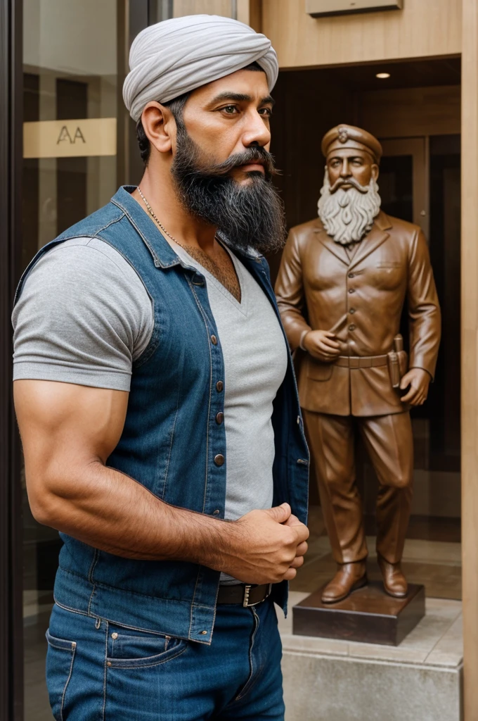 Make a picture of a attractive mid age man with mushtaq and beard like a stop statues 