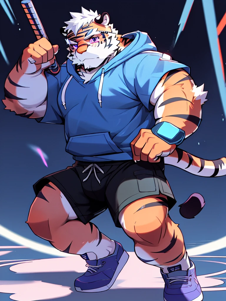 New Jersey 5 Hairy, masterpiece, high quality, anime, detailed eyes, male kosutora, anthro, tiger, Great physique, strong arms manly, (((orange tiger))), (((white hair))), goatee, white eyebrows, detailed purple eyes, tall, Joyful, (dark blue short hoodie), (((shorts cargo))), sport shoes, by zixiong, katana sword made from red gems, (((futuristic glasses))), action pose,