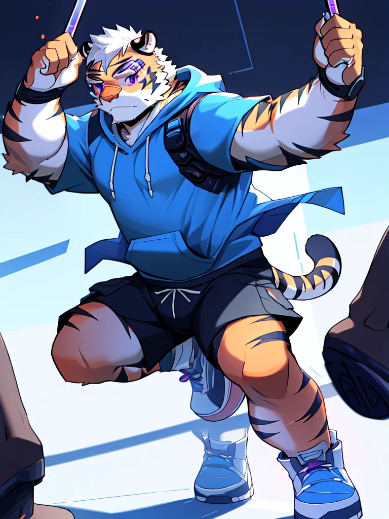 New Jersey 5 Hairy, masterpiece, high quality, anime, detailed eyes, male kosutora, anthro, tiger, Great physique, strong arms manly, (((orange tiger))), (((white hair))), goatee, white eyebrows, detailed purple eyes, tall, Joyful, (dark blue short hoodie), (((shorts cargo))), sport shoes, by zixiong, katana sword made from red gems, (((futuristic glasses))), action pose,