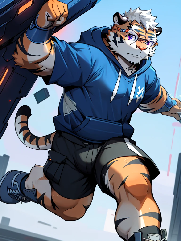 New Jersey 5 Hairy, masterpiece, high quality, anime, detailed eyes, male kosutora, anthro, tiger, Great physique, strong arms manly, (((orange tiger))), (((white hair))), goatee, white eyebrows, detailed purple eyes, tall, Joyful, (dark blue short hoodie), (((shorts cargo))), sport shoes, by zixiong, katana sword made from red gems, (((futuristic glasses))), action pose,