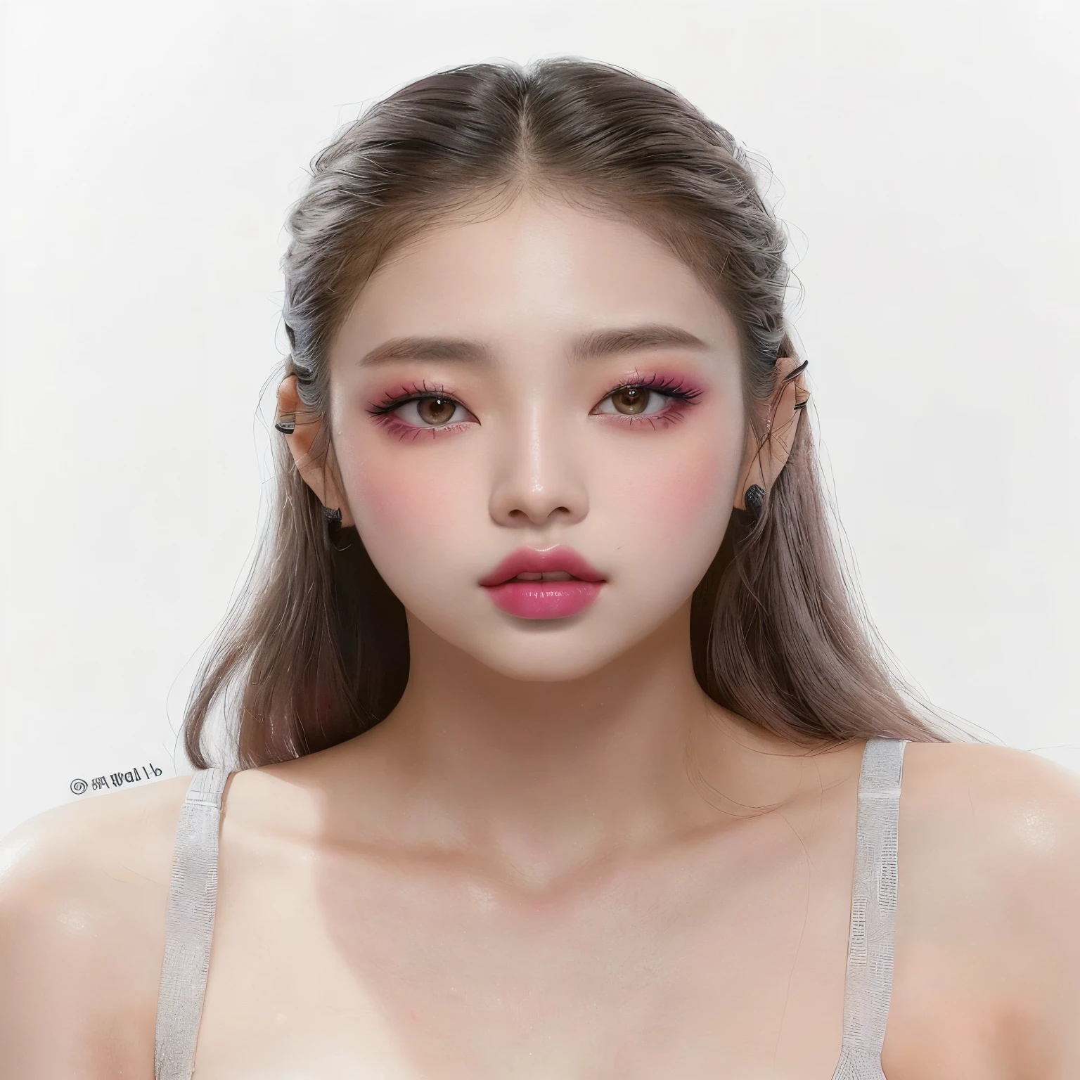 Arafed woman with a pink lip and a gray bra, Popular Korean makeup, South Korean popular makeup, jennie pink black, inspired by Yanjun Cheng, sexy face with full makeup, roseanne park by blackpink, Yanjun Chengt, lalisa manobal, Portrait of Blackpink&#39;s Jossi, korean girl, Southeast Asian with round face, beautiful south korean woman