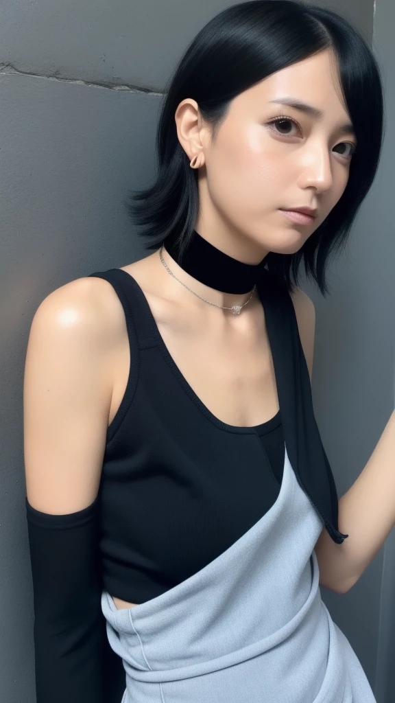 ((Matserpiece)), best quality, highres, Sarada,  up, mature, adult, time skip, sort hair, thin glasses, bare shoulder, black jacket, tube top, black tube top, simple back grounr, sexy pose, black eyes, black hair, close up, earing, collarbone, uchiha symbol earing, very short hair, tomboy hair, tomboy, long tube top, choker, (boruto two blue vortex), half body, belt, skirt,