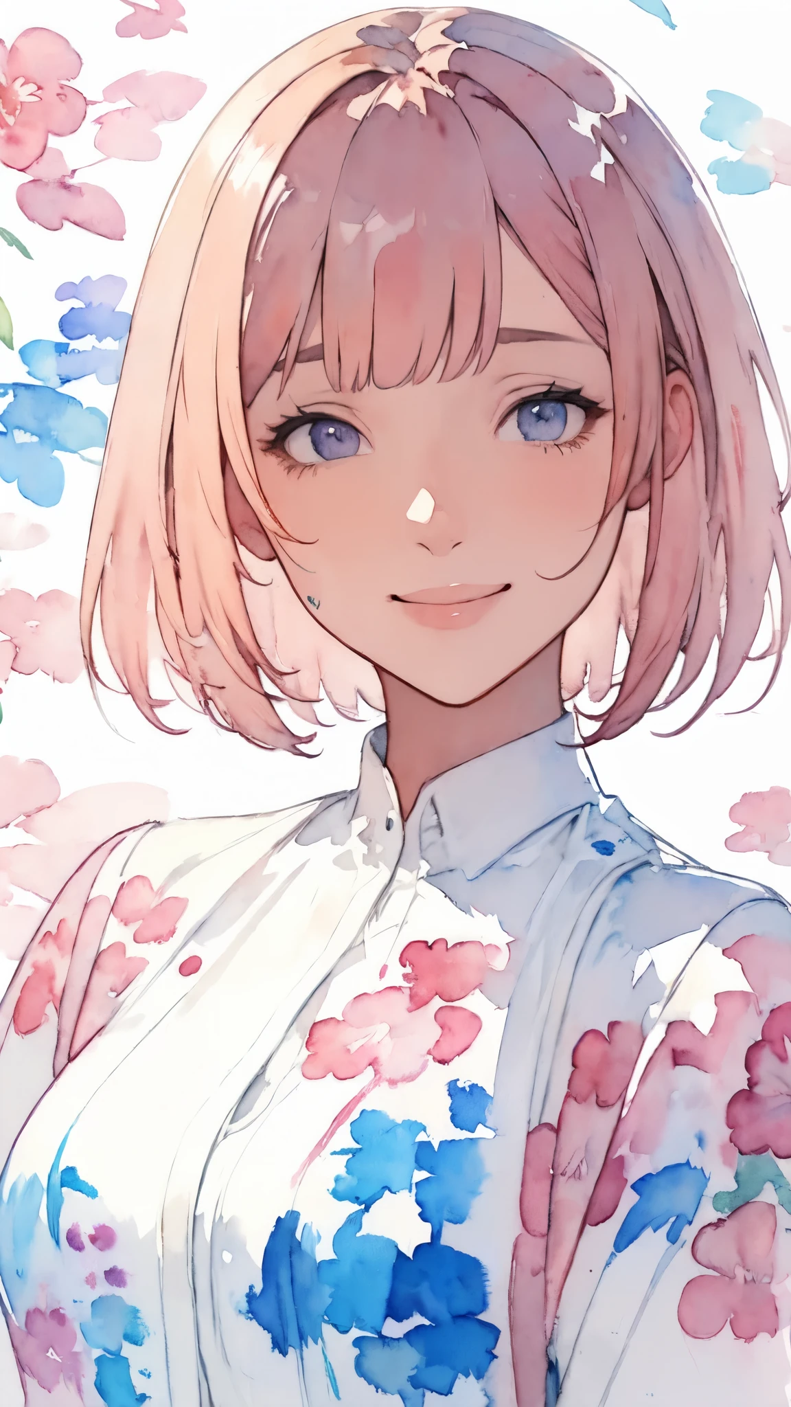 (masterpiece),(Highest quality:1.2),(Very detailed:1.2),(High resolution),(((Watercolor))),8K,Portrait of a woman smiling gently,Short Bob,((Transparent watercolor,Shades,Bleeding,Blur))