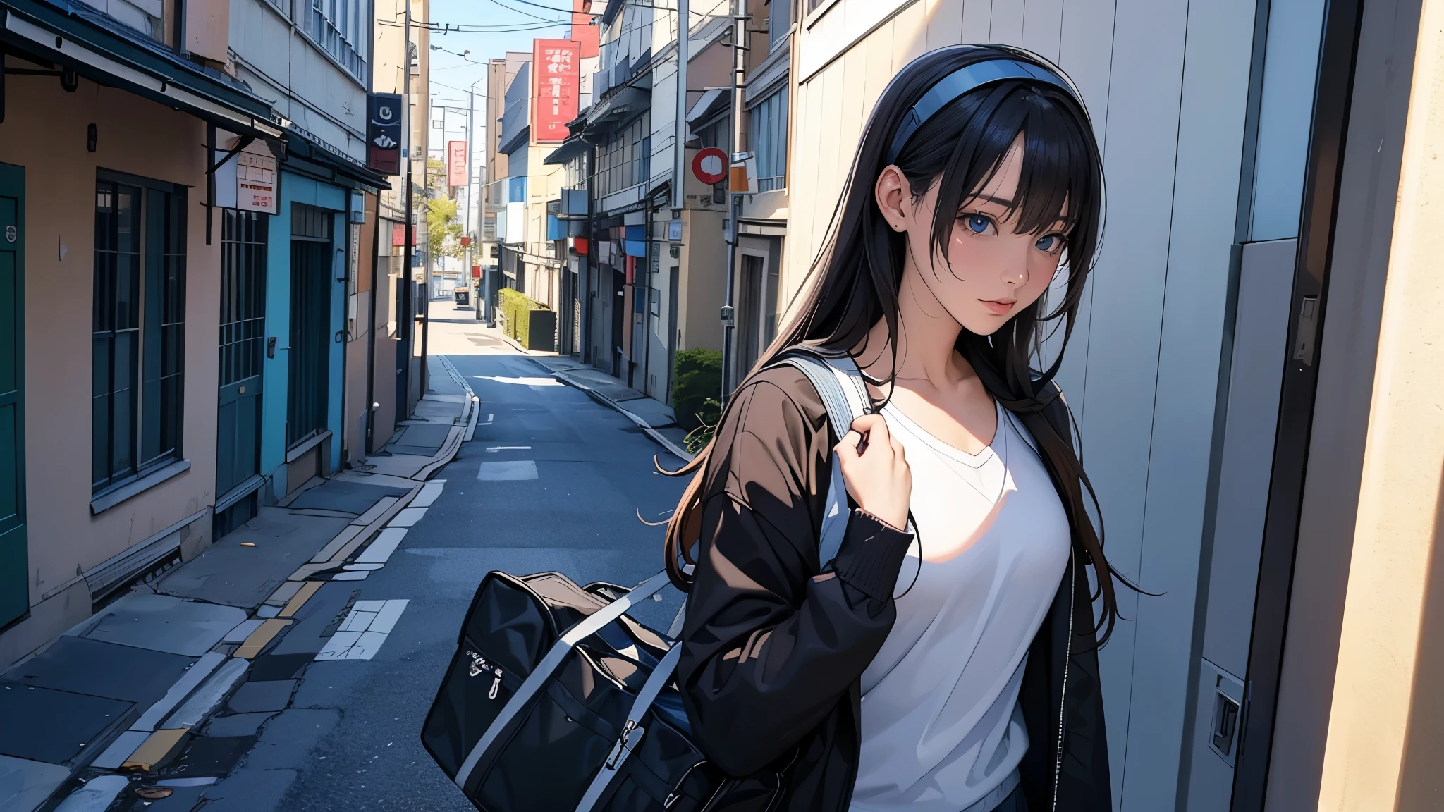 Ultra HD、super high quality、masterpiece、detailed、8K、The location is on a quiet city street、Schoolgirl1Person listening to music on headphones、15-year-old high school girl、そのロシア人で髪の毛は黒色のロング、Has blue eyes、Has a glamorous figure、The clothes she's wearing are one-piece dresses.、Pretty sexy、Lo-Fi images,The background is blurred、Nostalgic and relaxing atmosphere、At dusk、Afternoon sun