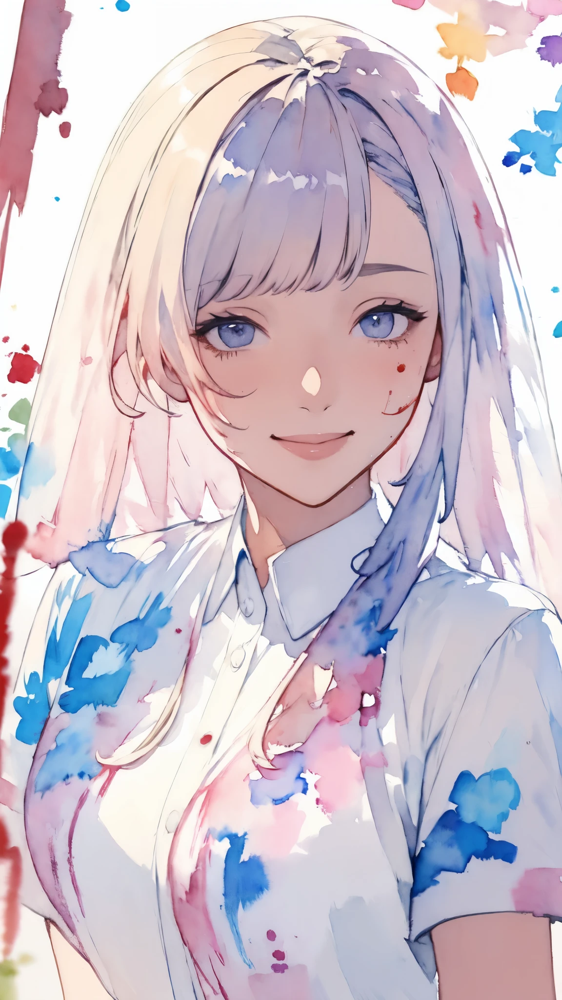 (masterpiece),(Highest quality:1.2),(Very detailed:1.2),(High resolution),(((Watercolor))),8K,Portrait of a woman smiling gently,Long Hair,(((Transparent watercolor,Shades,Bleeding,Blur)))