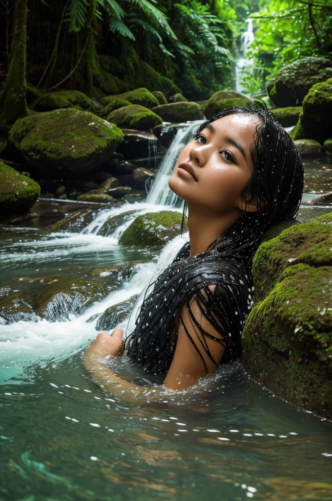 "A 26-year-old Thai woman wearing glasses. She is a woman with silver bangs. and beautiful face Holographic translucent body Lie on your back, stretched out, soaking in the water in the middle of the stream. until the body is soaked with water In a big forest with many colored leaves There were white, pink, gold, and blue lights shimmering all around. Wide angle art, see the whole body universe backdrop Digital Painting, 3D Characters, Colorful Oil Paintings, TOA"