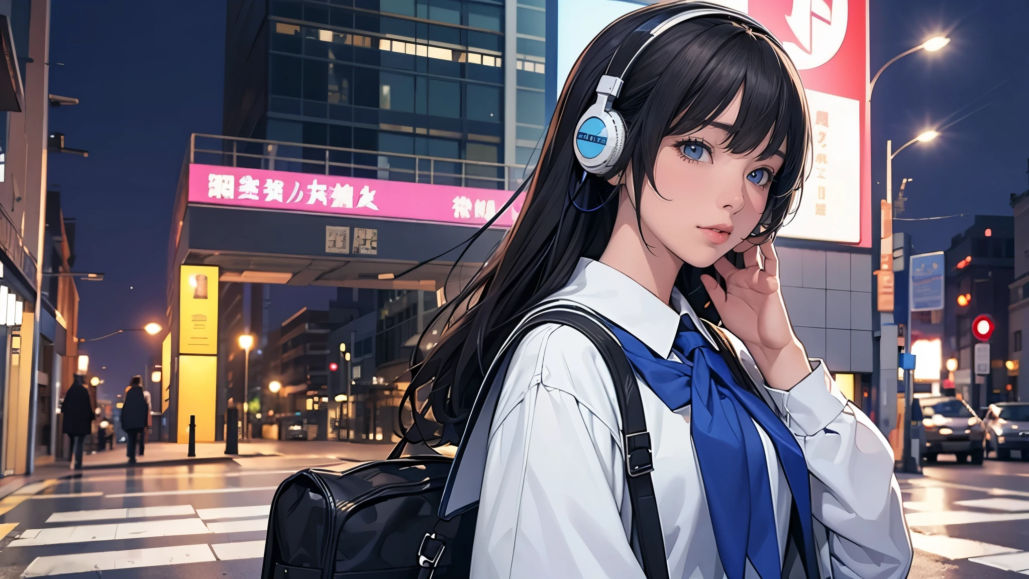 Ultra HD、super high quality、masterpiece、detailed、8K、The location is on a quiet city street、Schoolgirl1Person listening to music on headphones、15-year-old high school girl、そのロシア人で髪の毛は黒色のロング、Has blue eyes、Has a glamorous figure、The clothes she's wearing are one-piece dresses.、Pretty sexy、Lo-Fi images,The background is blurred、Nostalgic and relaxing atmosphere、At dusk、Afternoon sun