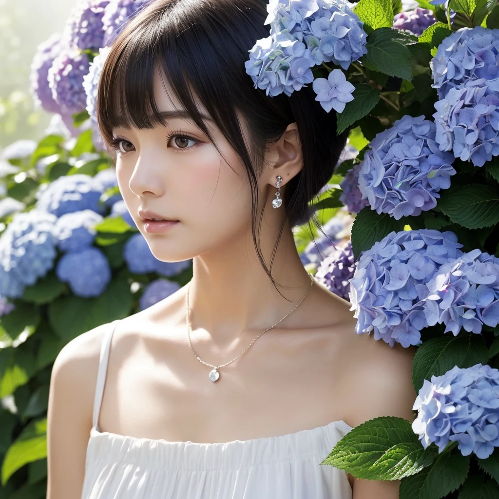 (((Full body photo)))), ((Single eyelid))),((Sunset backlight))),(Lens flare)),(Wearing china clothes)),(((Super Soft Focus)))))), smiling, (Profile))))), (Upward)), twilight, showering, Colorful hydrangea on background, surrounded by hydrangeas, ((soft sunset)), (yinchuan:1.5), masterpiece, best quality, raw photo, photorealistic, face, beautiful girl, cute, short hair, ((((depth of field)))), high resolution, ultra detail, fine detail, very detail, cinematic lighting