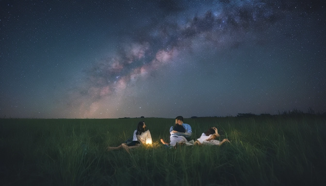 photograph of two people lying on a grassy field, gazing up at a starry night sky. The Milky Way is clearly visible, and there are shooting stars. The people are depicted in a relaxed, dreamy pose, surrounded by the soft glow of the stars, 50 mm, cinematic 4k epic detailed , 35 mm photo, grainy, vignette, kodachrome, lomography, stained, highly detailed, found footage.