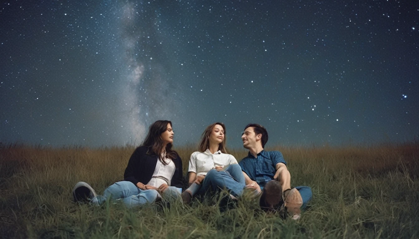 photograph of two people lying on a grassy field, gazing up at a starry night sky. The Milky Way is clearly visible, and there are shooting stars. The people are depicted in a relaxed, dreamy pose, surrounded by the soft glow of the stars, 50 mm, cinematic 4k epic detailed , 35 mm photo, grainy, vignette, kodachrome, lomography, stained, highly detailed, found footage.