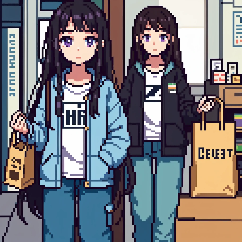 One girl, 20 years old, downtrodden girl, tired girl, confused girl, uncertain posture, long hair, black hair, brown hair. eyes with a transition from blue to purple, dark hair, anime style, 4k image, full figure, modern appearance. all the details are worked out, modern clothes, full-fledged clothes, baggy clothes, cheap clothes, detailed face, lots of details, very detailed, deep, elaborate facial expression, comes from the store, comes with bags, Palletized grocery bags, the girl goes,