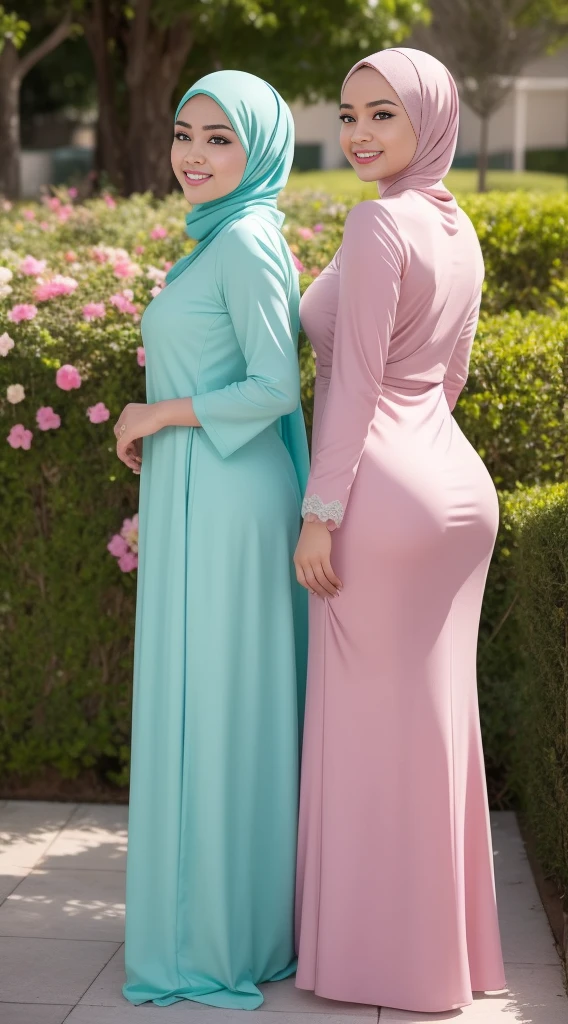 Two Malay girl in hijab wear baju kurung,big breast, pastel color, seating, front view, detail skin, detail skin texture, mole below eyes, big breast, big hip, big waist, big thigh, slim abs, beautiful body,back, beautiful buttocks, beautiful buttocks, from behind, (looking at the audience, looking back, facial details, double eyelids, smiling),evening, laughing, happy, bright lighting, blur flower garden background, bokeh,