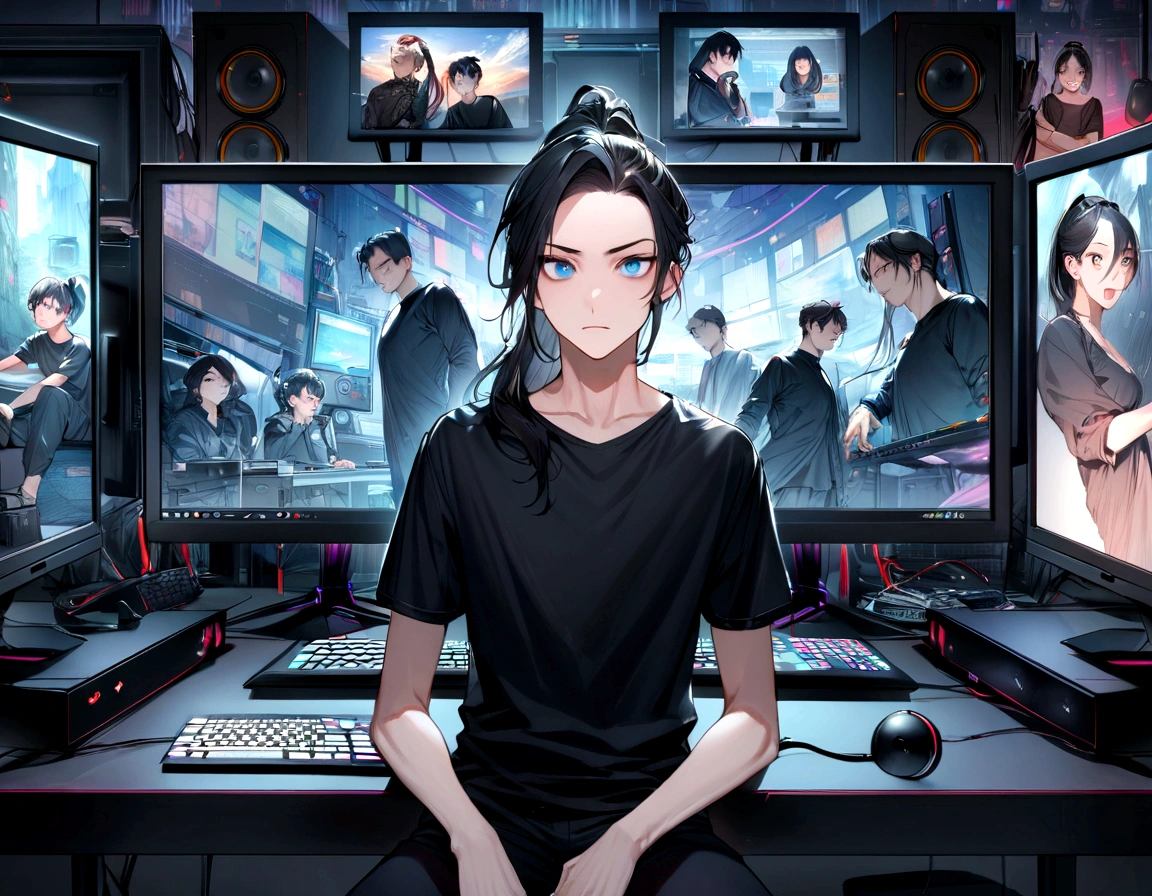 Create an image of a man with long black hair, Someone stuck in a ponytail. He is dressed in black, Includes black t-shirt and black pants. He has blue eyes and an expression of boredom. Behind him, Has 3 monitors and a gaming PC. The image must be very detailed, Show hair details, Clothing and computer equipment.