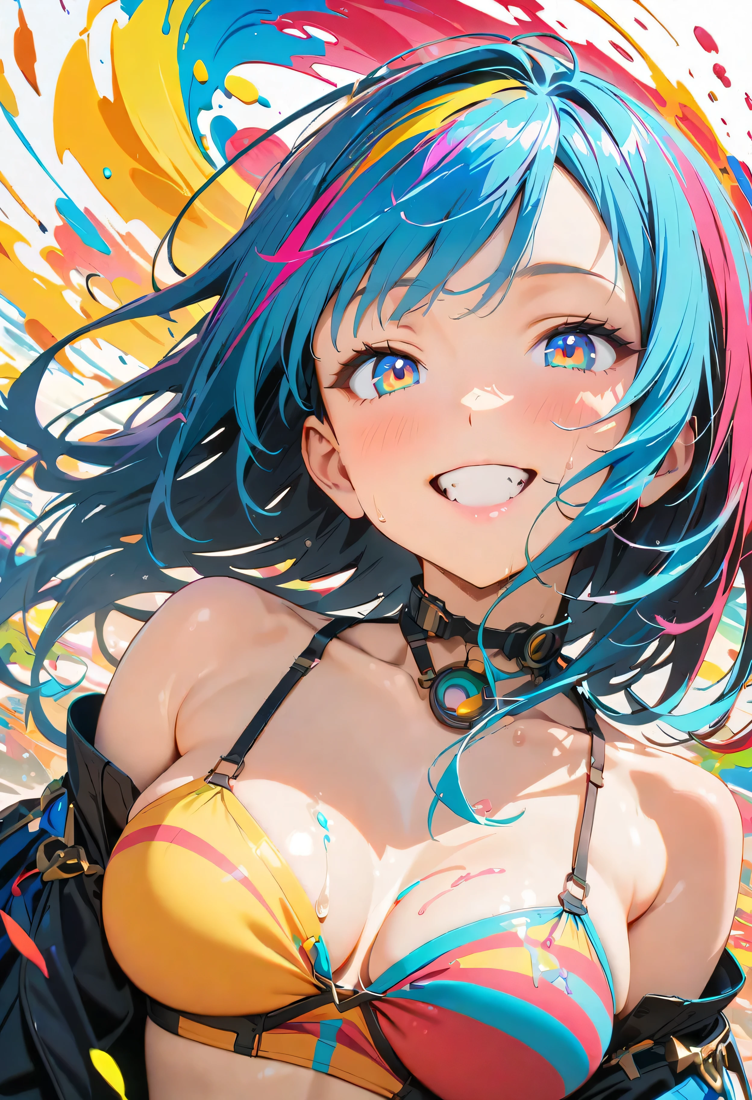 (masterpiece, Highest quality, Official Art:1.2), (colorful), Perfect Anatomy, Looking at the audience, One Girl, alone, White Background, floating colorful water, Ultra-fine illustrations, highly detailed, Dynamic Angle, beautiful detailed, 8K, break smiling amidst the colorful scenes, (Highest quality, masterpiece, High resolution, detailed), Anime Style, (Shining Eyes, detailed美しい顔), break,Dynamic Angle