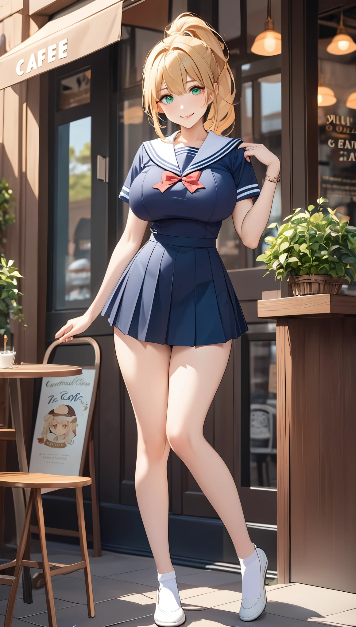 Highest quality、Best image quality、masterpiece、One Girl、26 years old、Best Bust、Big Breasts、Beautiful Eyes、Blonde, Green Eyes、ponytail、Tight waist、Short-sleeved sailor suit、Pleated skirt、full body shot, front、smile、Simple Background、In front of the cafe、Cute pose