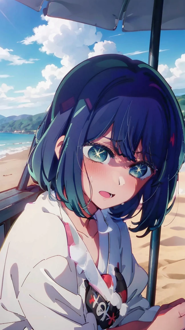  best quality, masterpiece, highres, {kurokawa_akane_oshinoko:1.15}, bangs, short_hair, blue_hair, green_eyes, black_hair, medium_hair, 1girl,conceptual art, iwakura lain,   (anime girl)、(((beach)))、Embarrassment,blush,((cum)),pubic hair,(((Vaginal,sex,))),sweat,steam,Nude,nsfw，((shade of the rock in the Beach)),Heart eyes,((orgasm))