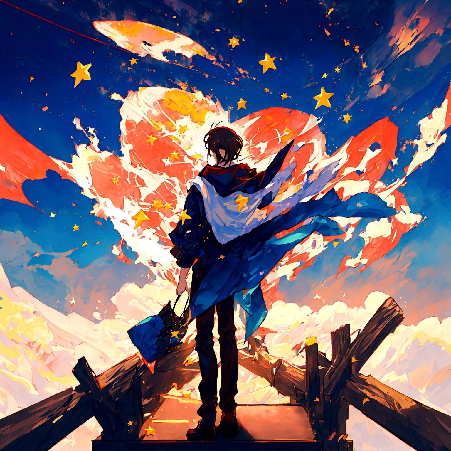 young man looking at the night sky, back view, anime style, brown hair, bright stars in the sky