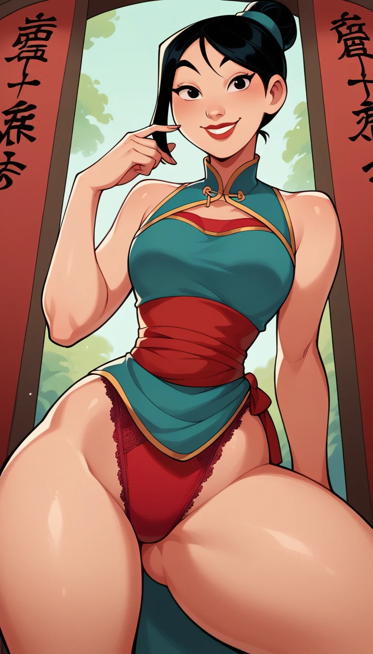score_9, score_8_climb, score_7_climb, score_6_climb, MulanXLP, Single hair bun, smile, Red lace underwear, topknot ,sexually suggestive, no ,Medium bust, small waist, wide hips, thick thighs, look at viewer, Cowboy Shot, cartoon, Spread your legs, smile, cute, wide angle shot, alone, Chinese House, ,disney, Dutch corner, 1 boy,