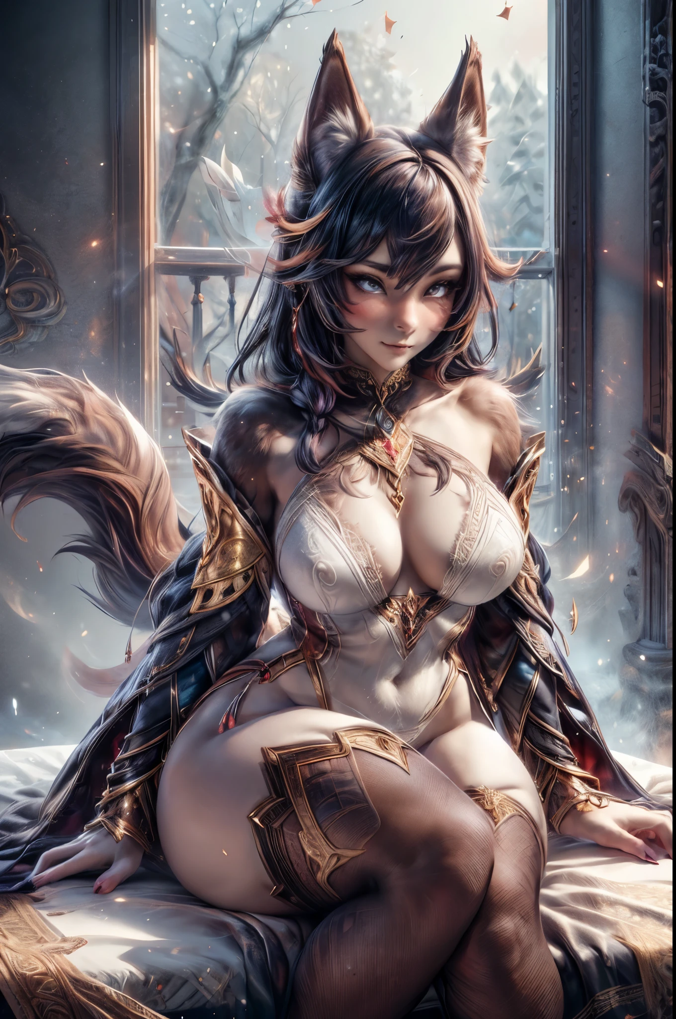 Anthropomorphic female character with wolf-woman body, wearing sexy underwear, vibrant fur colors, detailed facial features, expressive eyes, soft lips, character is sitting, realistic rendering, high artwork resolution, realistic lighting, professional illustration, soft and gentle color palette, naughty pose, graceful movement, engaging expression, elegant clothing, mystical background, enchanting ambiance, enchanting and ethereal ambiance, masterfully painted texture on the tail, patterns Intricate tails, intricate fur texture, realistic and realistic depiction, captivating and seductive presence, perfectly proportioned figure, delicate details, fascinating artistic quality.